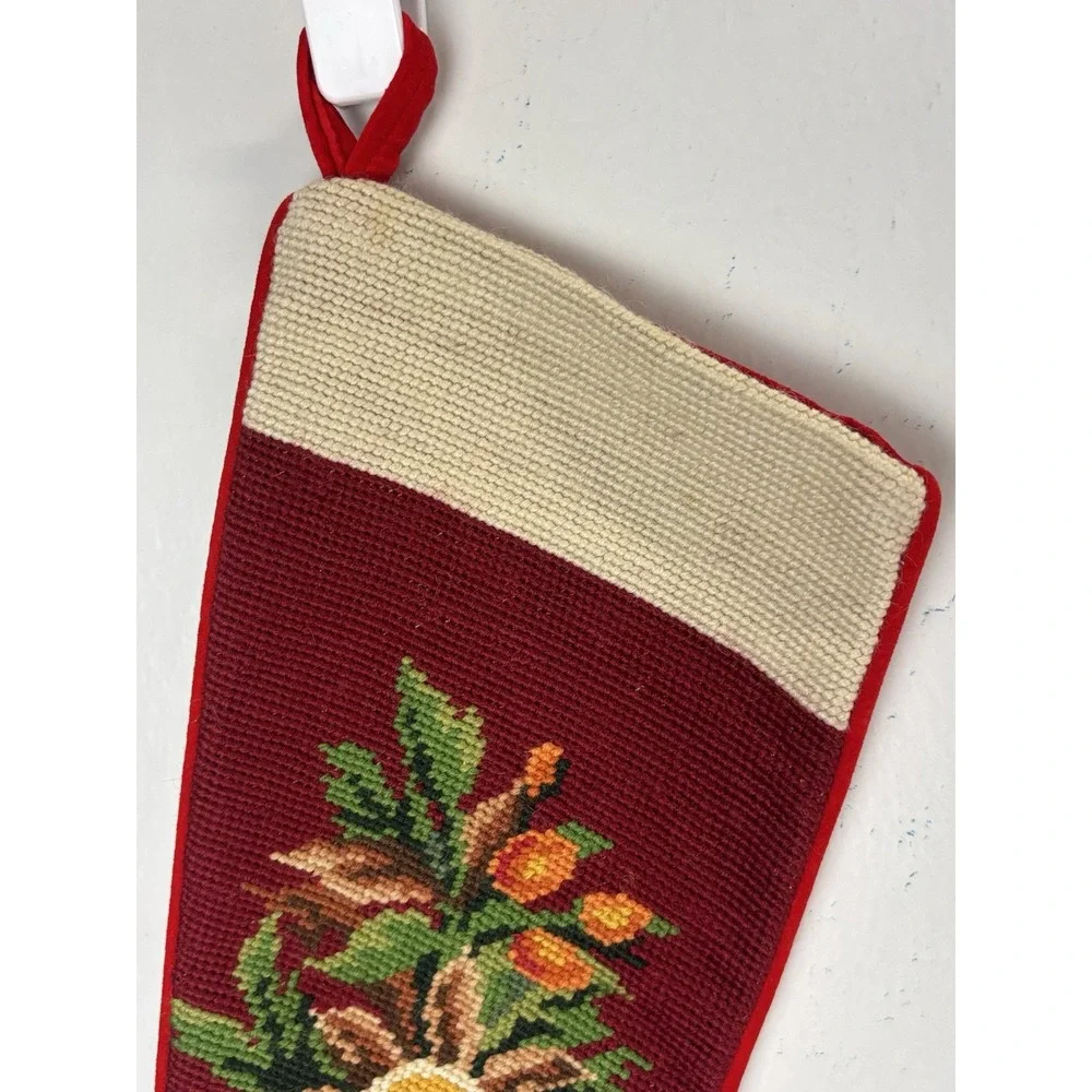 Vtg Needlepoint Christmas Stocking Candle Holly Berries Velvet Back 90s